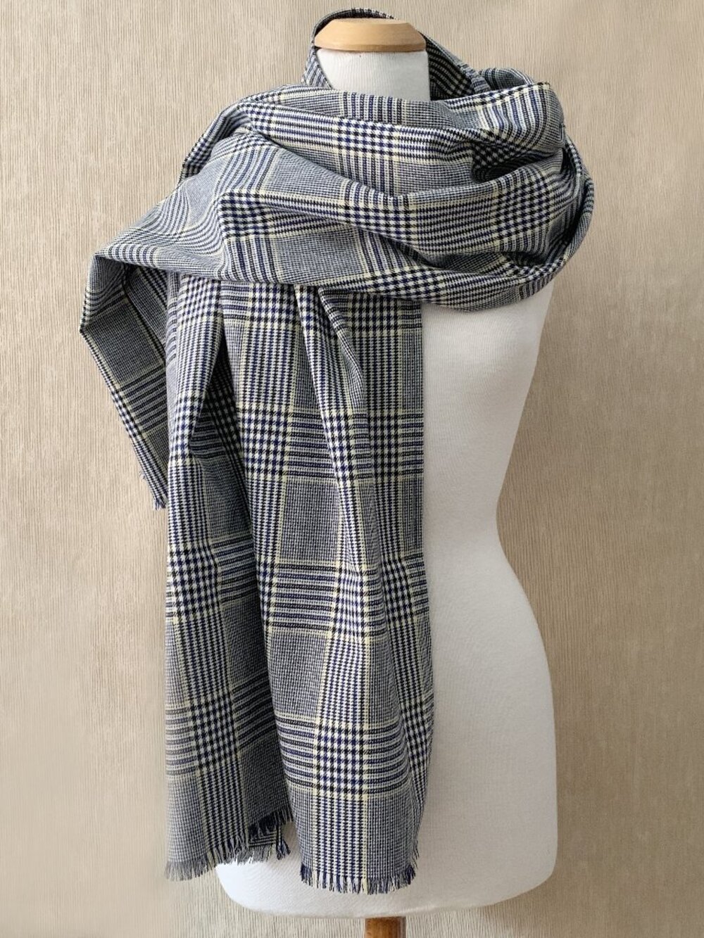 Artisan Handmade Navy & Yellow Wool Blend Scarf | Oversized Wrap | Unisex